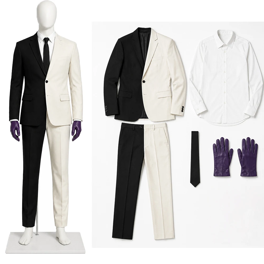 Costume de cosplay de Two-Face, personnage de film, ensemble complet noir et blanc, veste blazer à empiècements, chemise de couleur, pantalon, Halloween