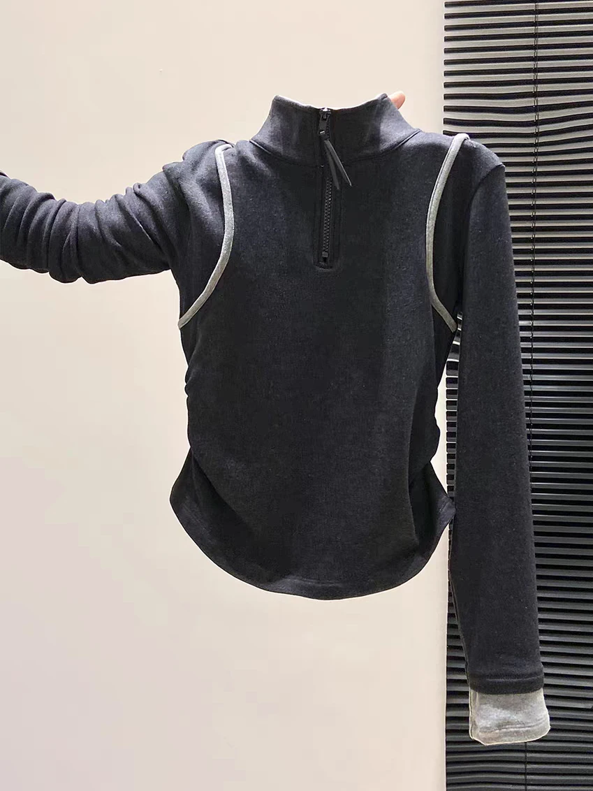 

Женский спортивный костюм для похудения: осенне-зимний, с высокой талией, воротником-стойкой и короткой молнией, модный топ для эффекта похудения