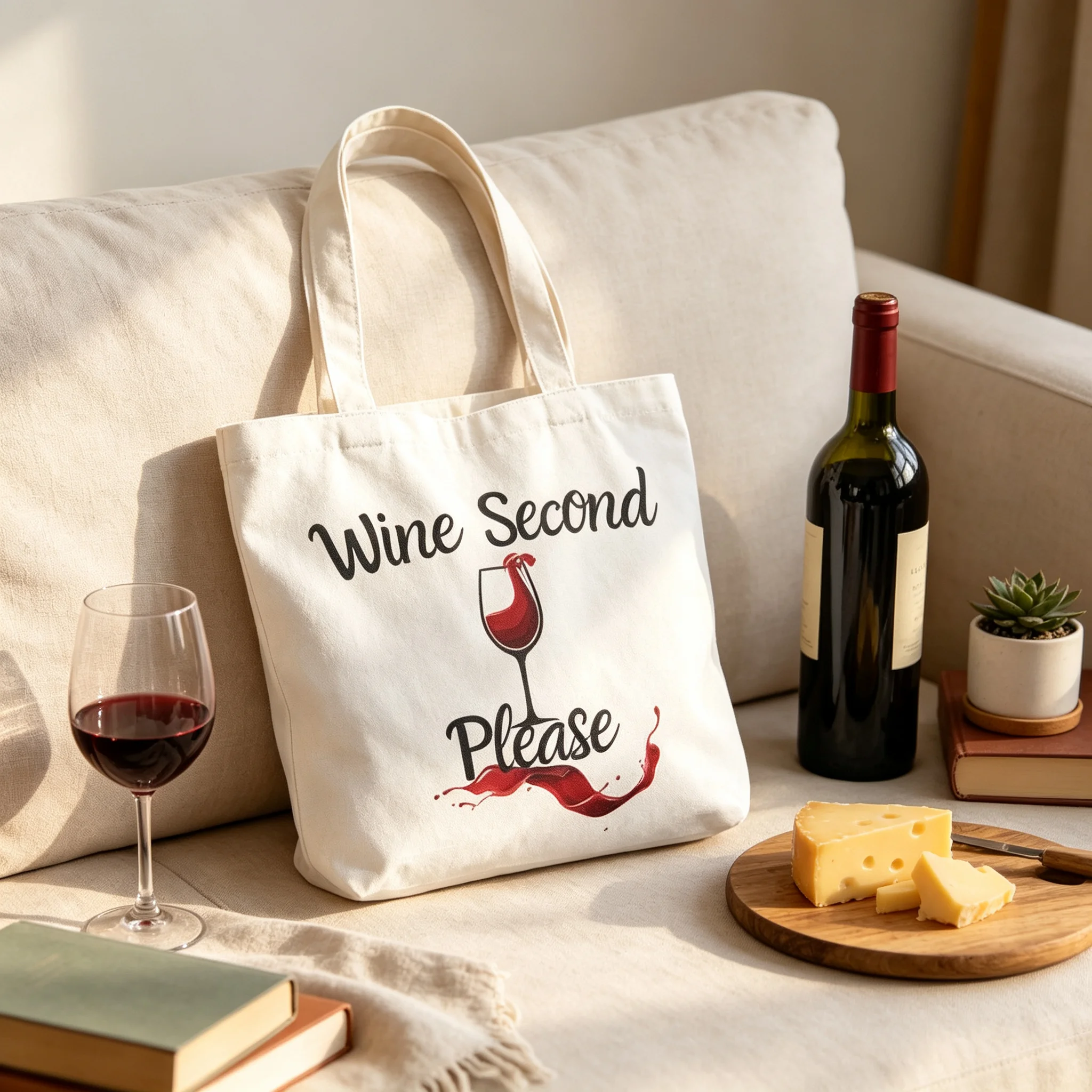 Funny Wine Second Please Canvas Tote Bag Wine‑Glass Graphic Shoulder Bag Reusable Grocery Handbag Wine Lover Gift for Women
