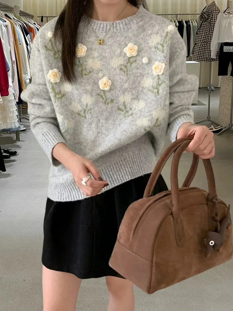 

Korean Style Soft 3D Floral Print round Neck Long Sleeve Women's Knitted Sweater Loose Fit Autumn Winter Pullovers F312