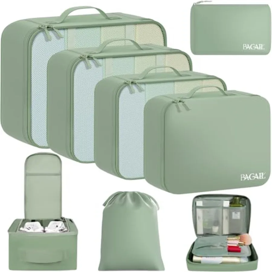 

8 Set Packing Cubes Luggage Packing Organizers for Travel Accessories in Matcha Green with Compact Storage and Durable Material
