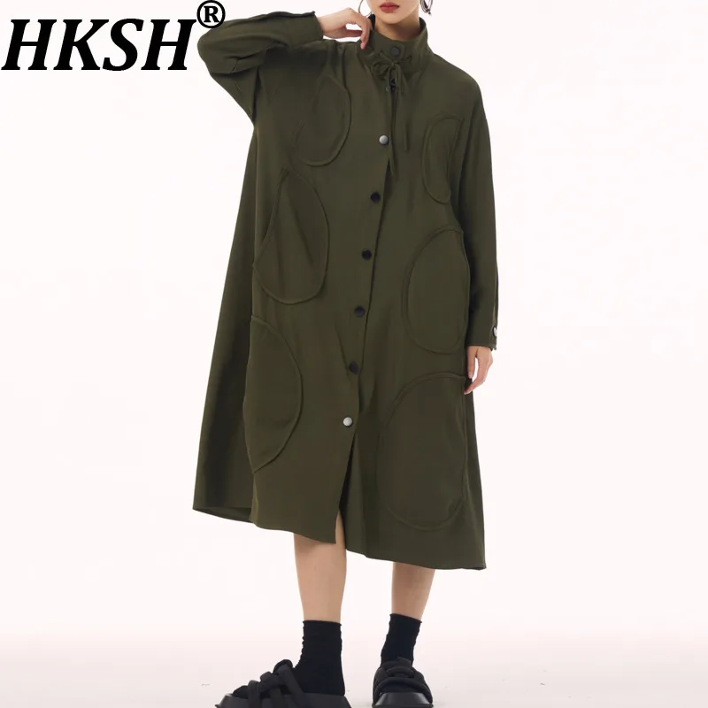 

HKSH весна осень новое женское длинное платье-рубашка с воротником-стойкой и длинными рукавами однобортное нишевое дизайнерское платье большого размера HK16073