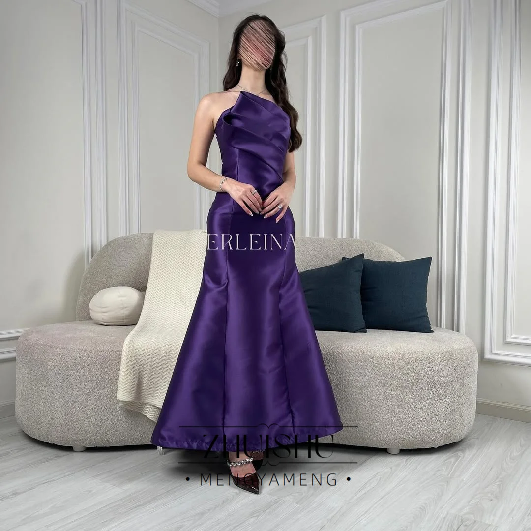 ZHUISHU Purple Satin Saudi Evening Dresses Women Semi-Mermaid Strapless Formal Event Dress Customized Party Gown Ankle-Length