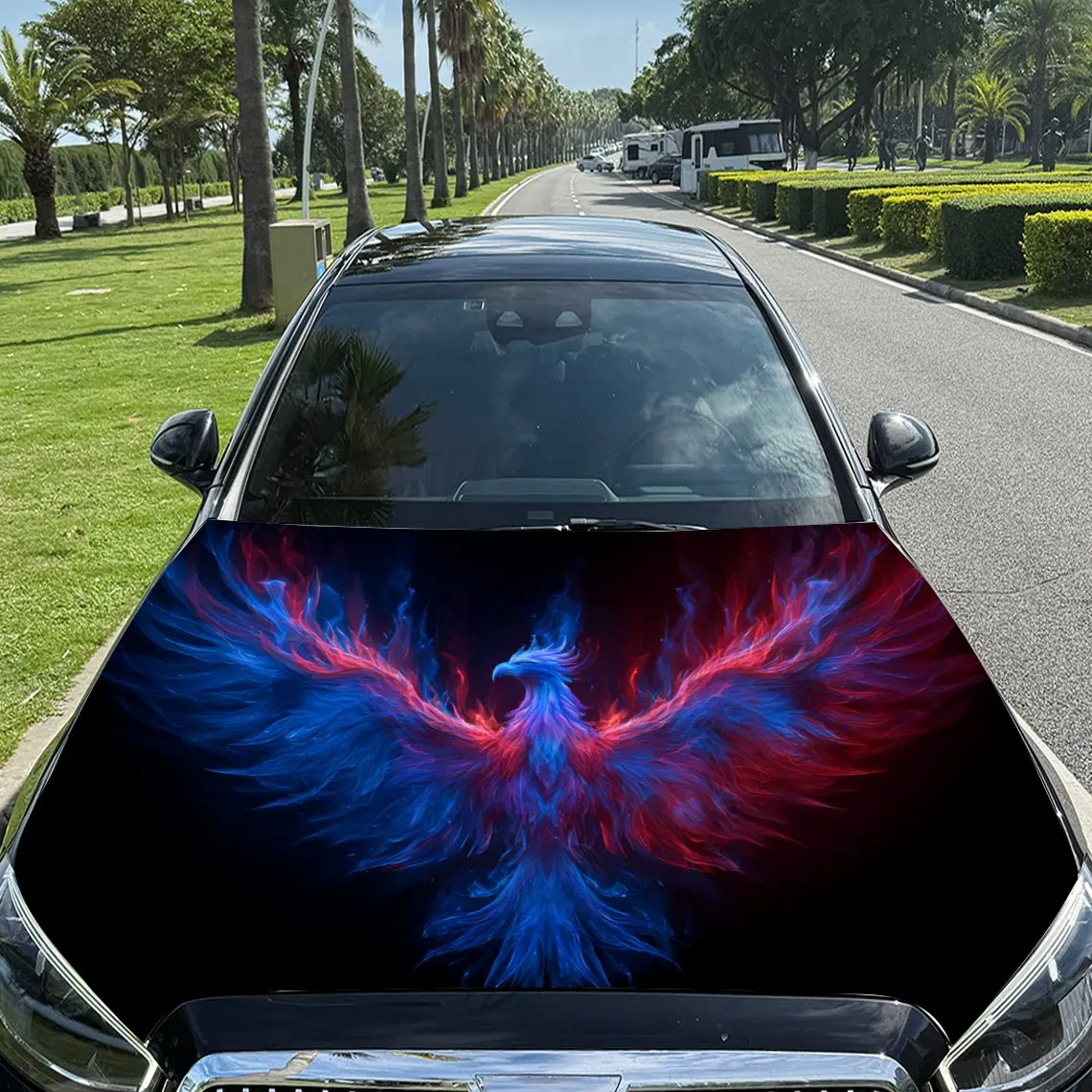 Flaming - Color Interwoven Phoenix Car Vinyl Wrap, PVC Material Waterproof Car Hood Sticker, Self-Adhesive Scratch-Resistant Sti