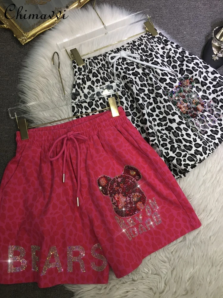 

Heavy Hot Diamond Shorts Women Fashion Leopard Print Elastic Waist Large Size Wide Leg Pants High Waist Hot Pants Outerwear