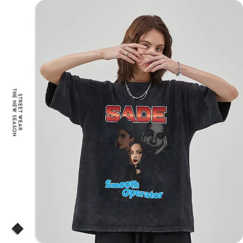 Sade T Shirt Female Singer Vintage Washed Tops Tees Oversized T-shirt Harajuku Short Sleeve Hip Hop Sweatshirts Men 100% Cotton