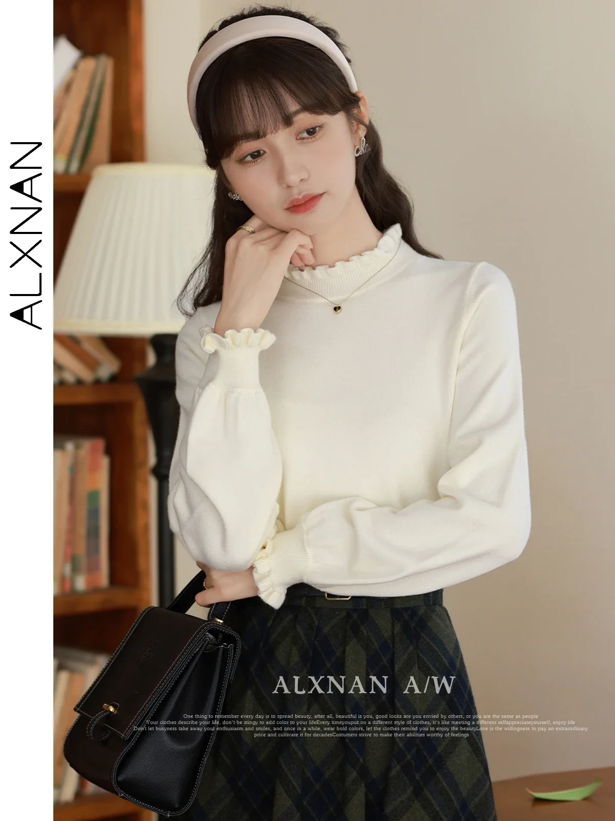 

ALXNAN Apricot Knitted Pullovers for Women 2024 Autumn Winter Sweet Half High Collar Long Sleeve Tops Soft Knitwear LXN32537