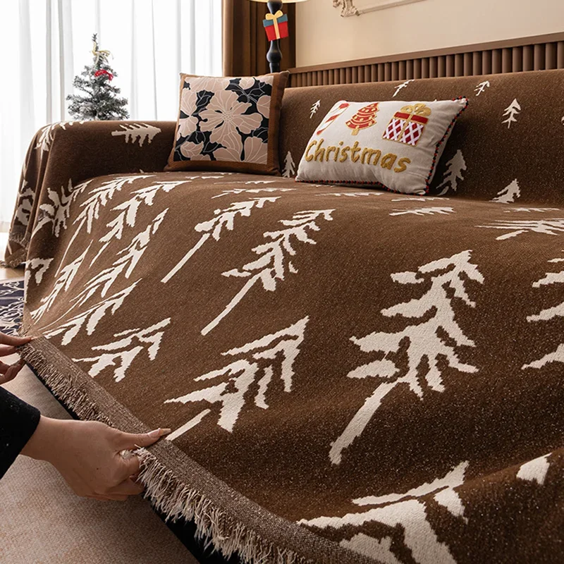 Luxury Pine Printed Chenille Sofa Towel All-Season Non-Slip Sofa Cover with Tassels Double Face Usable Wear-Resistant Home Decor