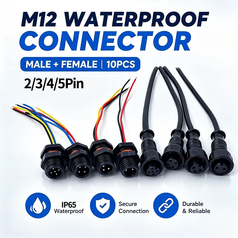 10PCS M12 IP65 Waterproof Connector Male Female Pre-wired Cable Plug 2P 3P 4P 5Pin Panel Mount Aviation Socket For Outdoor LED