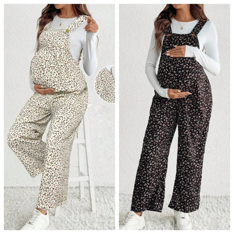 

Pregnant Women's Clothing Spring and Summer New Floral Jumpsuit with Pockets Casual and Comfortable Shoulder Strap Pants