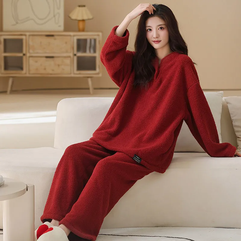 Red Color Married Flannel Sleepwear for Couples Winter Warm Coral Fleece Nightwear Women and Men Matching Thermal Pajamas Set