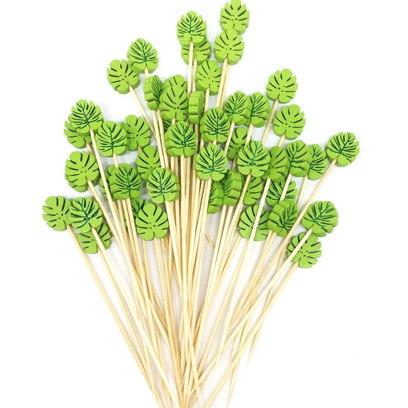 200Pc Bamboo Pick Buffet Tropical Leaves Cupcake Fruit Fork Dessert Salad Stick Cocktail Skewer For Party Decor