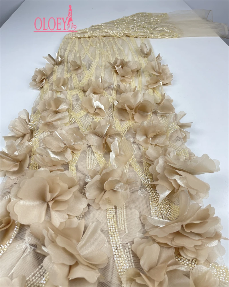 

OLOEY Hot Sale Unique Fashion Africa Lace High Quality Algeria Handmade 3D Flower Embroidery Lace WIth Beads Party Wedding Dr