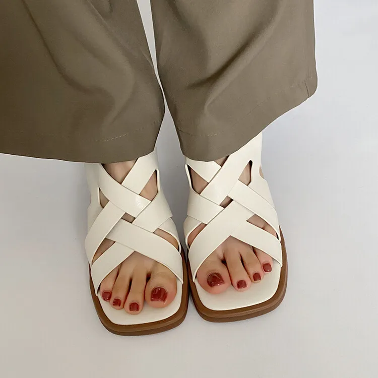 White Cow Leather Women Sandals Gladiator Cross Strap Casual Summer Shoes Square High Heels Lady Apricot Sandalias Femininos