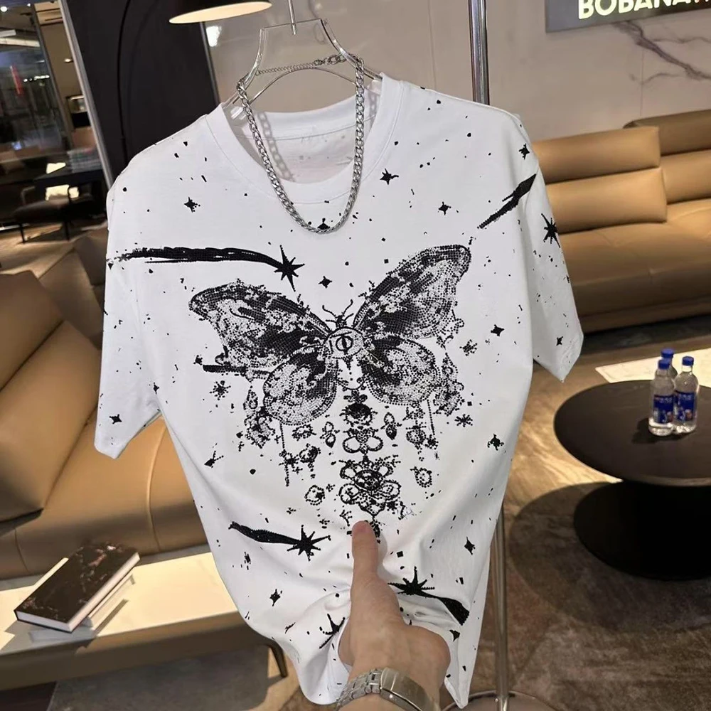 Summer Men's Diamond Butterfly Print Short-Sleeved T-Shirt American Fashion Trend High Street Loose Breathable Niche Men's Tops