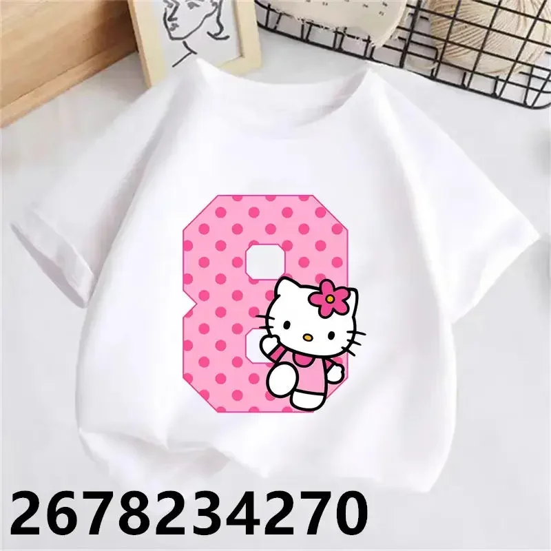 Hello Kitty Children White T-shirt Birthday Number 1-9 Shirts Kawaii Sanrio Y2k Cartoons Kid Girl Boy Streetwear Casual Clothes