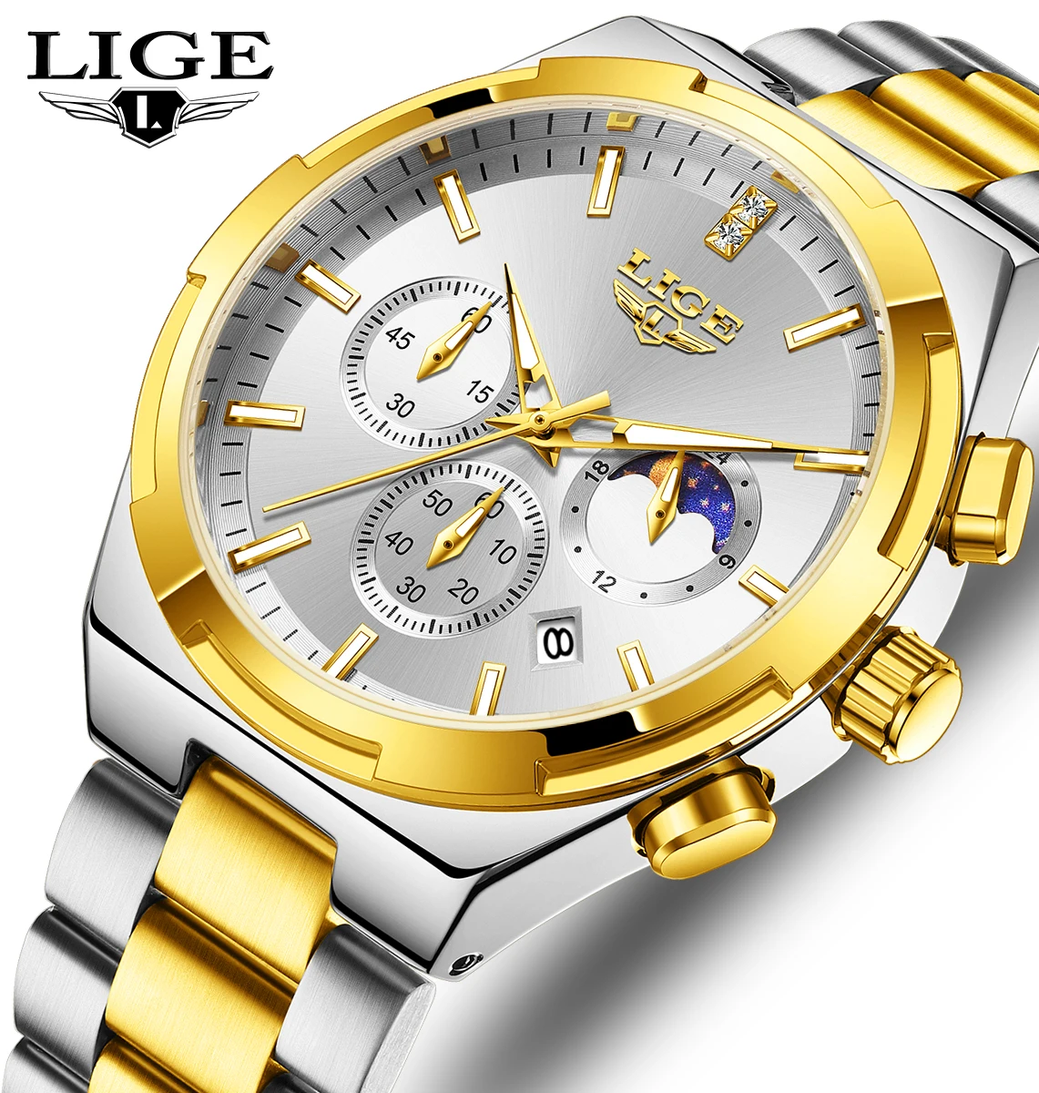 

LIGE Luxury Military Men Watch Waterproof Luminous Date Week Chronograph Man Watch Business Stainless Steel Men's Quartz Watches