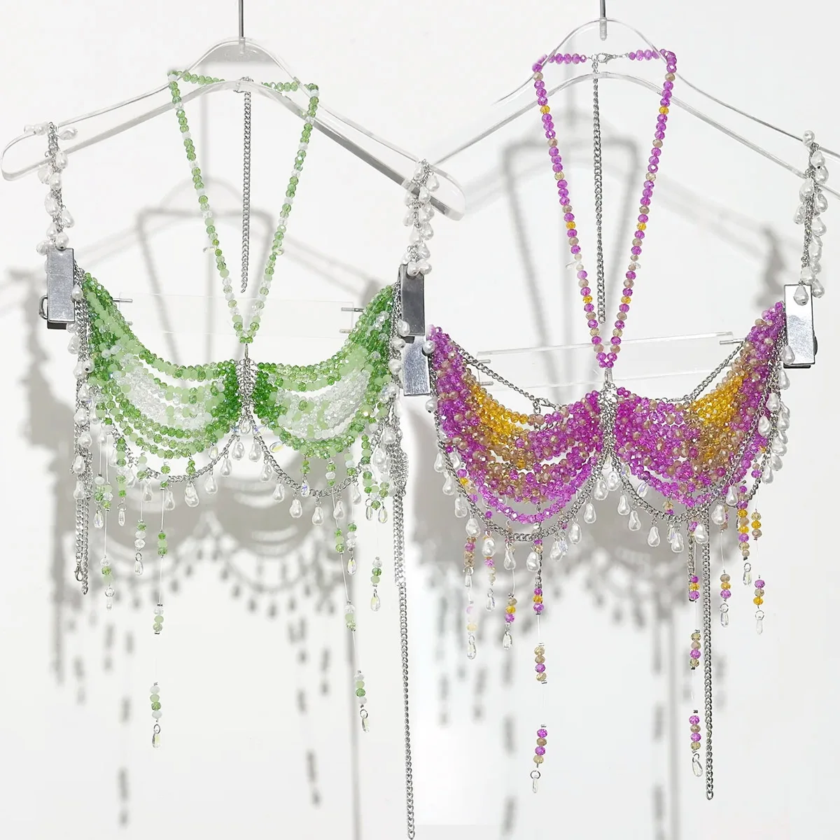 

Handmade Body Chain Hot Woman Green Crystal Beaded Bralette for Vacation Rave Outfits Mermaid Costume Fushia Beads Lingerie Top