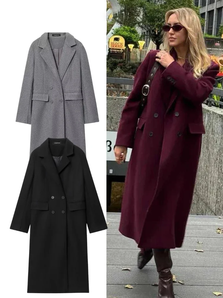 

HH Fashion Women's Soild Woolen Coat Casual Double Breasted Long Sleeve Lapel Blends Tweed Jacket Autumn Winter Streetwear