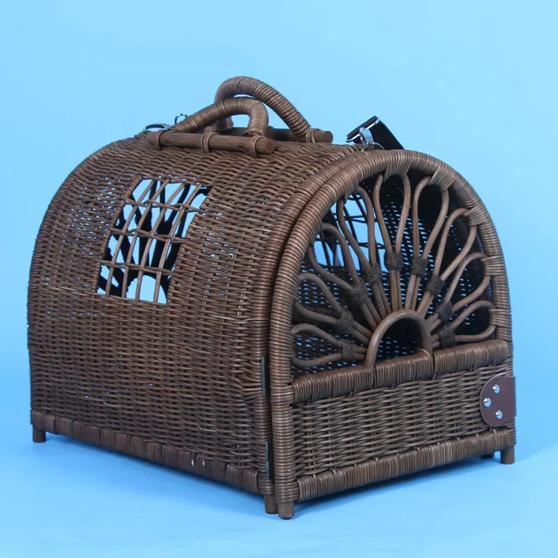Hand Woven Rattan Cat Carrier Bag Portable Pet Travel Backpack Breathable Air Box for Small Dogs Cats Outdoor Walking Trolley