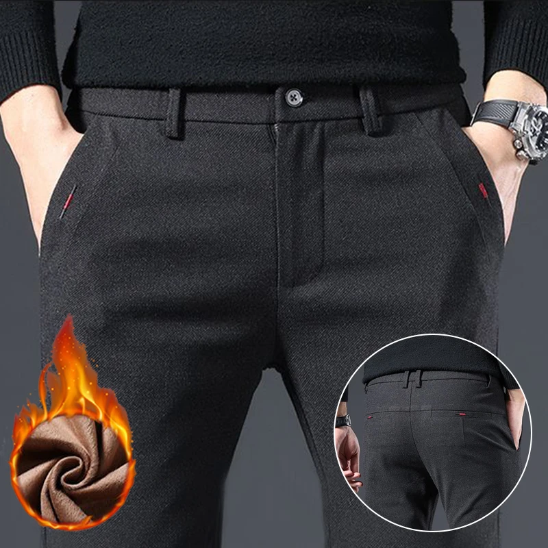 

Fall Winter Fleece Lined Thickened Trousers Fashion Men Casual Solid Color Suit Pants Male Loose Straight Versatile Blazer Pants
