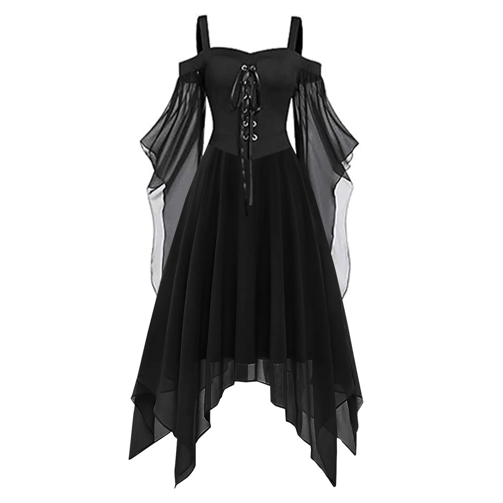 Halloween Witch Cosplay Costumes Gothic Off Shoulder Lace-up Vestidos Bandage Mesh Sheer A-line Long Party Dress for Women