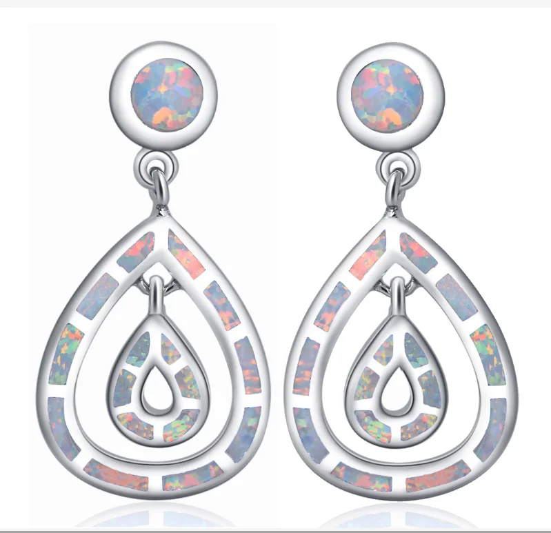 JLE1097 New Elegant Double Water Drops Blue Fire Opal Earrings Sterling Silver 925 Silver Ladies Earrings  Fashion