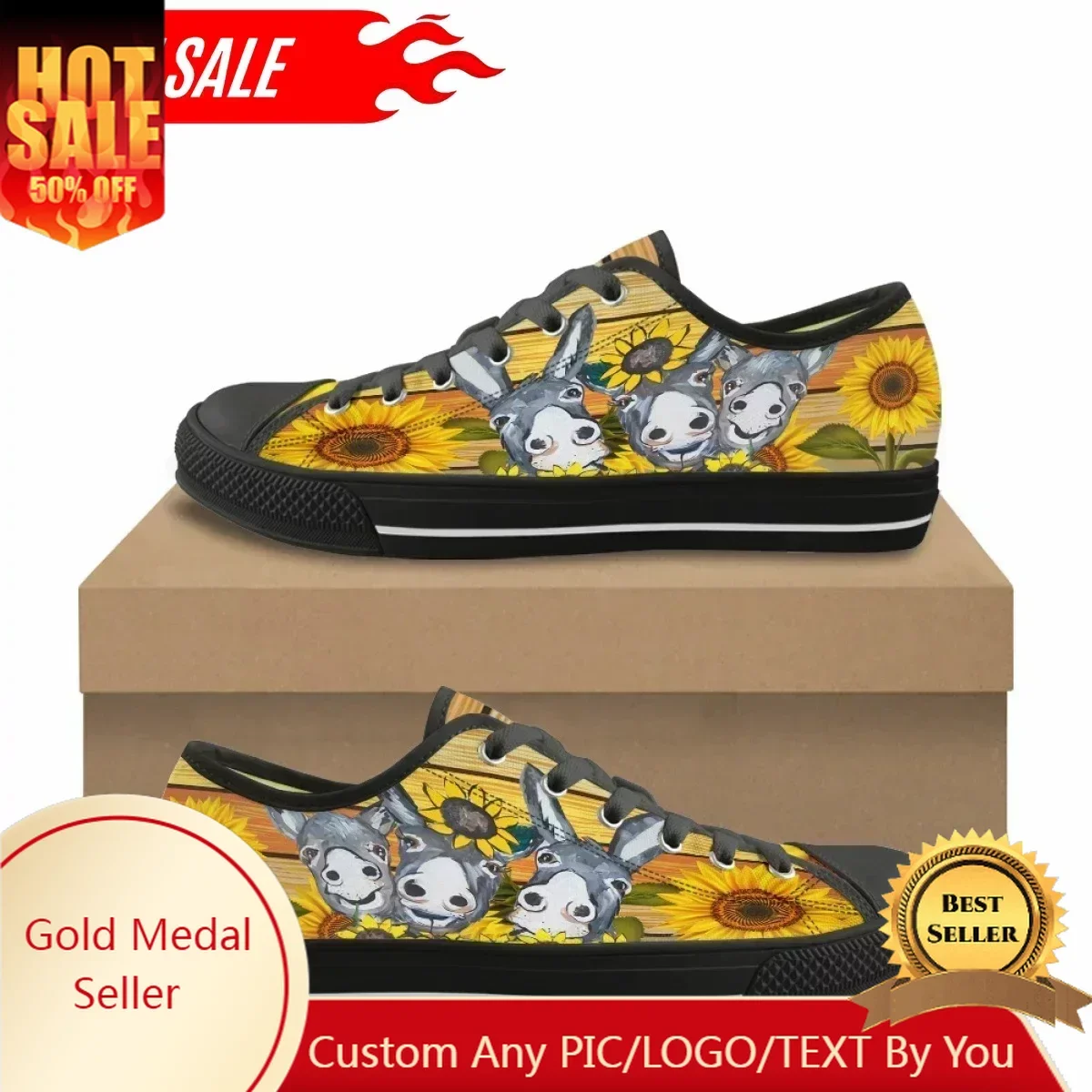 

Farm Donkey Sunflower Pattern Print Custom Made Women's Casual Flat Shoes Classic Canvas Shoes Outdoor Sports Low Top Sneakers