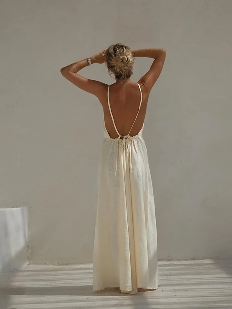 Women Sexy Solid Backless Lace Up Sling Long Dress Elegant Round Neck Sleeveless Loose Robes Casual Lady Vacation Beach Wear