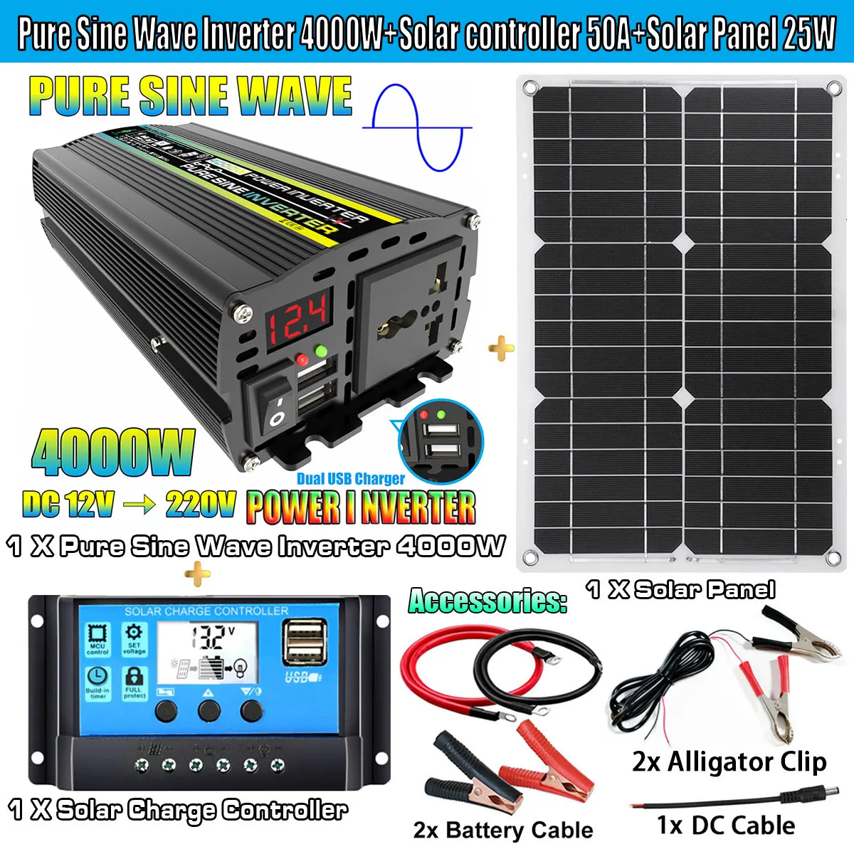 Solar Power System 4000W Power Inverter Car Mounted 100W Solar Panel Inverter DC12V To AC220V Conversion 50A Controller Dual USB