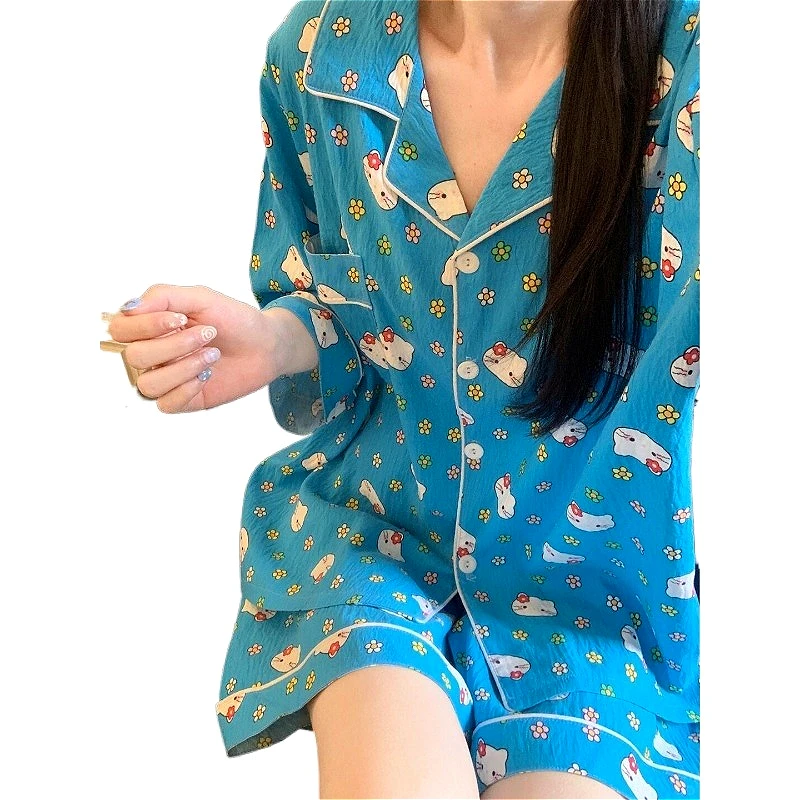 Cute Hello Kitty Womens Pajama Sets Sleepwear Blue Floral Sanrio Short Sleeved Shorts Set Sweet Girls Pijama Home Clothes Summer
