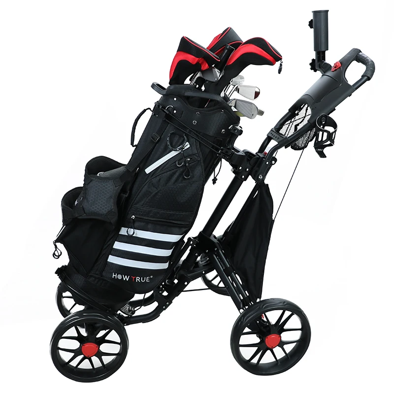 Golf Push Cart Pull Cart Top Quality Aluminium Foldable 4 Wheel Follow Me Golf Trolley with Umbrella Holder