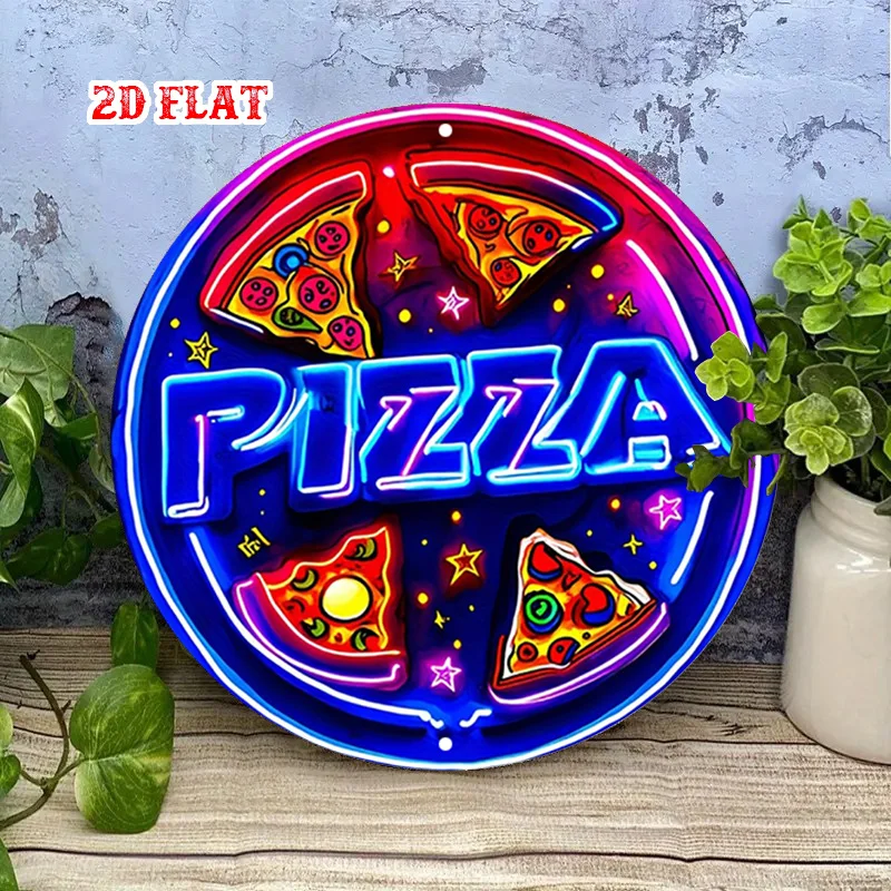 - Vintage 80s Arcade, 2D Flat Glowing Pizza Slice Sign with Neon Letters, Heavy-Duty Aluminum Metal Wall Art, Suitable view 3