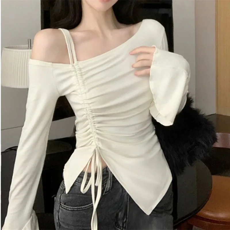 2024 Autumn models Women's Strapless Long-sleeved t-shirt Irregular Slim Sexy Bottom Shirt Pleated Neckline Tops