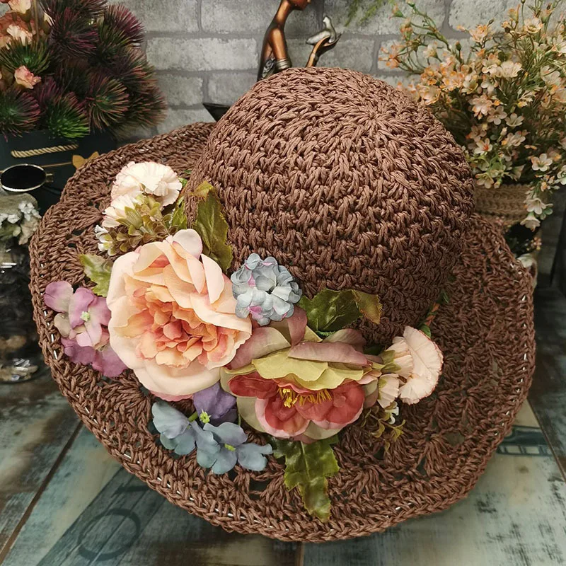 2024 Design Forest Flower Floppy Bucket Hat Summer Spring Travel Sombreros De Mujer Straw Crochet Hat Chapéu De Praia Feminino