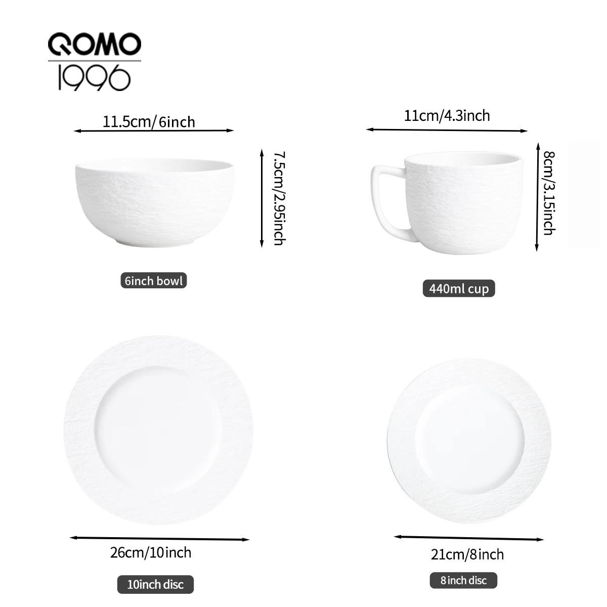 QOMO 16 Piece Black/White Porcelain Dinnerware Set with Dessert Plate,Dinner Plate,Cup,Bowl Tableware Set