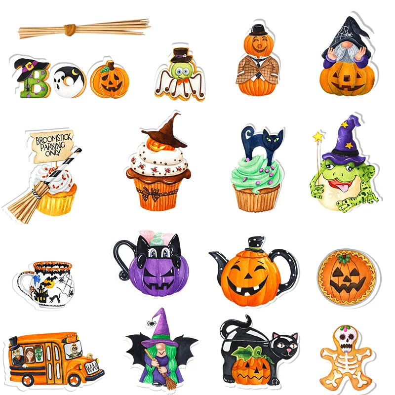 16pcs Halloween Cupcake Toppers Pumpkin Ghost Cake Flags Dessert Cake Decorations Halloween Birthday Horror Party Supplies