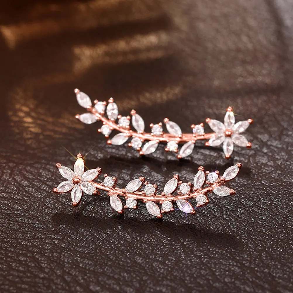 1Pair Flower and Leaf Ear Crawler Earrings Women Lightweight Smooth Skin Friendly Climber Studs for Bridesmaid Birthday Gift