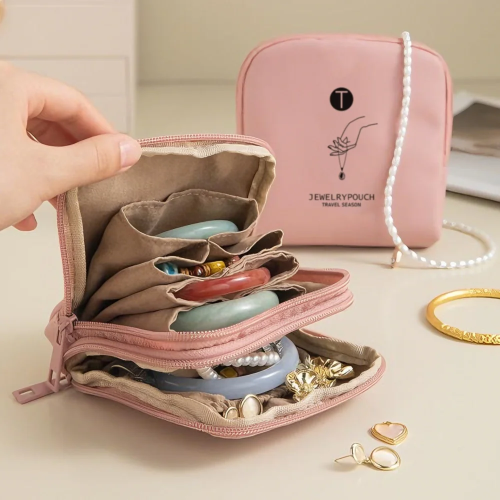 Double Layer Zipper Jewelry Bag Multiple Pockets Jewelry Organizer Bags Rings Necklace Mini Cosmetic Bag for Women Travel