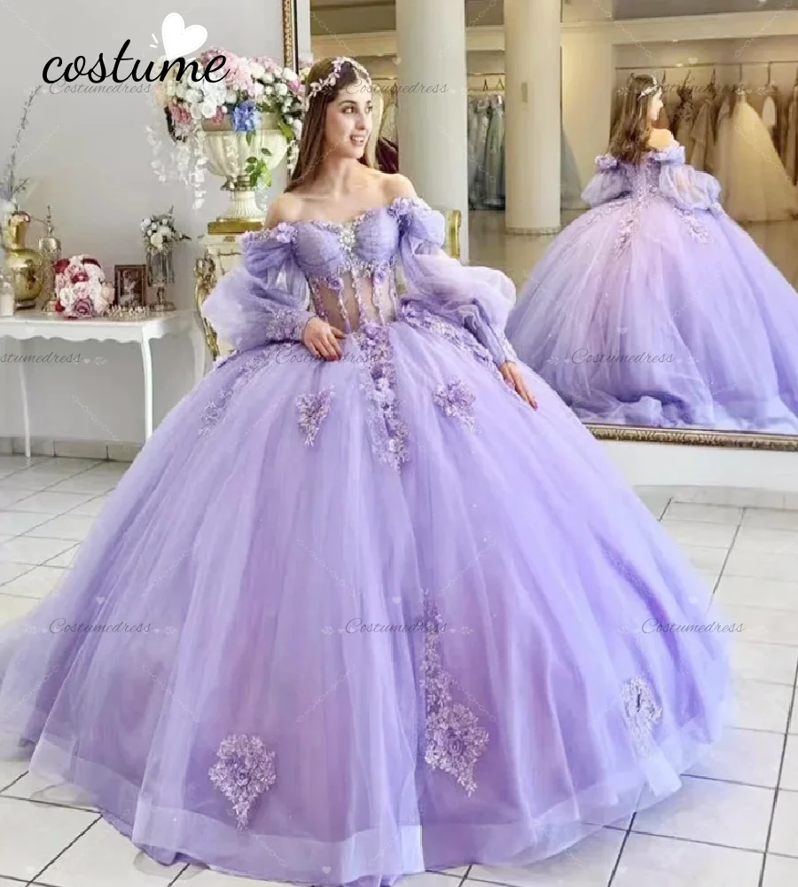رشيقة أرجواني فيستدوس دي 15 Quinceañera 2026 قبالة الكتف كم طويل الدانتيل فستان عيد ميلاد الكرة ثوب تول Vestidos De 15 Años