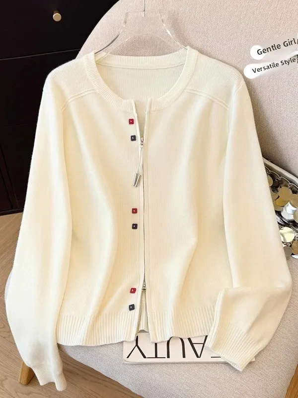 

Вязаный свитер в корейском стиле для женщин, осенне-зимний, нежный, универсальный, с двойной молнией, в стиле колор-блок, теплый, модный топ