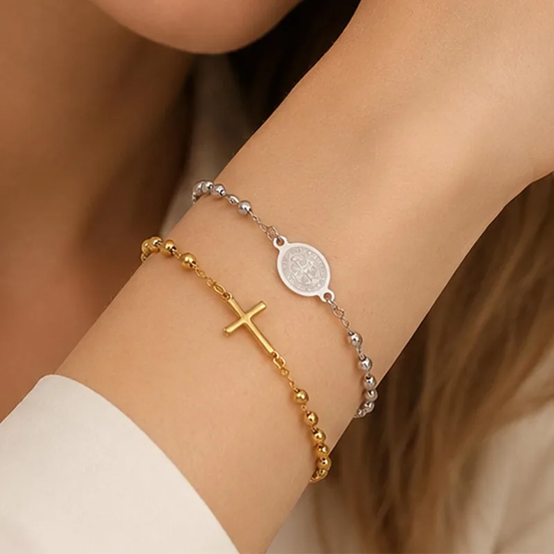Hypoallergenes Edelstahl-Kreuzperlen-Armband für Damen und Herren, Langlebig, Nicht Verblassend, Stapelbar, Runde Perlen, Anhängerkette, Verstellbar