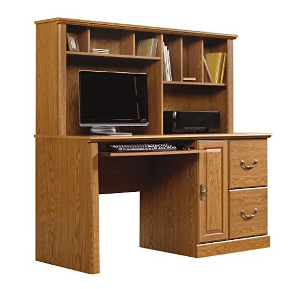 Computer Desk Hutch Storage Drawers Keyboard Tray Carolina Oak Finish Vertical CPU Tower Organizer Cubbyhole Traditional