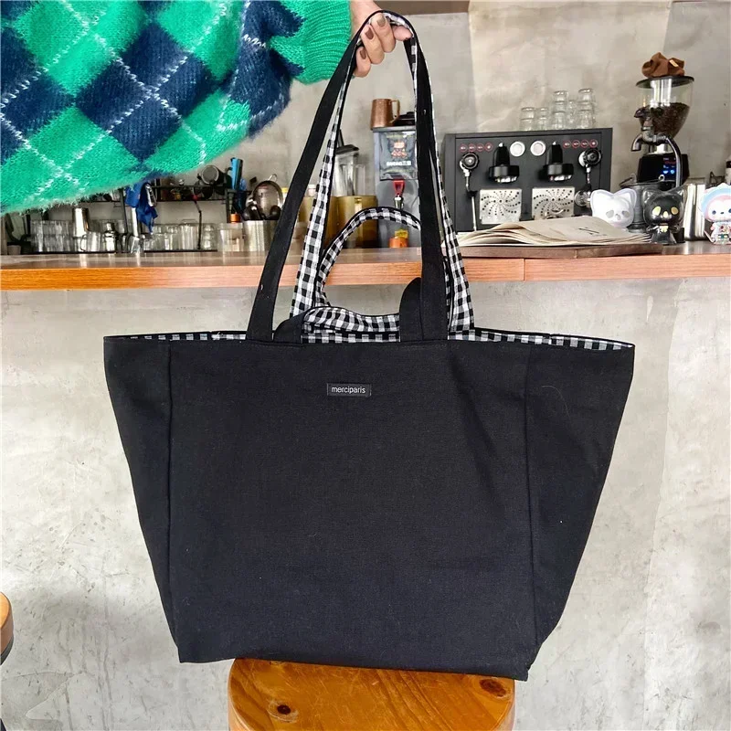 Women Canvas Shoulder Bags Plaid Double-side Large Capacity Handbags Female Shopping Portable Lazy All-match Foldable Tote Bag