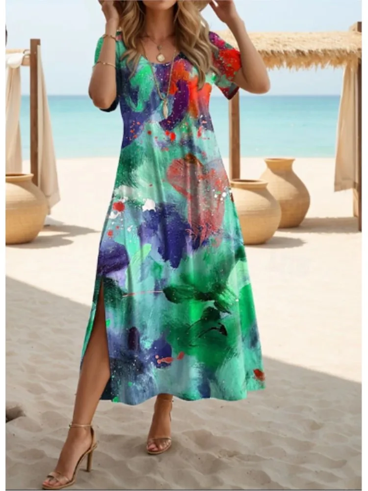 

Women Floral Print Dress Casual O Neck Short Sleeve Loose Dresses Robe Femme Fashion Holiday Beach Skirt Womens Clothing Summer
