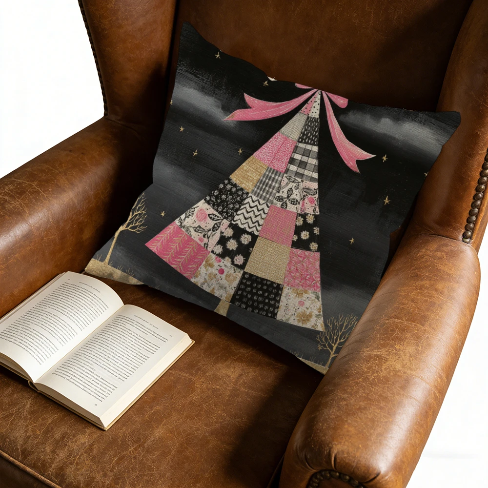 Vintage Patchwork Christmas Tree Bow Star Print Black Pink Cushion Cover for Sofa Bed Living Room 45x45cm
