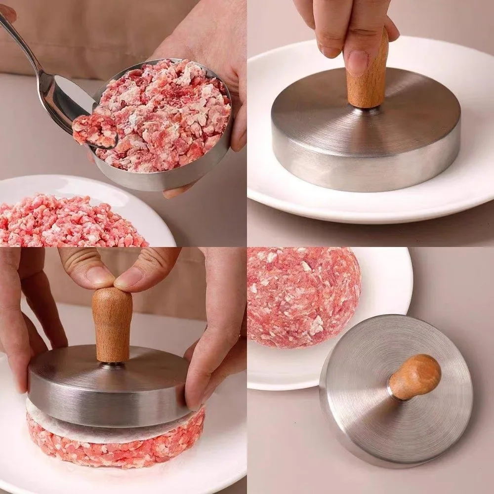 Round Hamburger Patty Maker Mold Non-Stick Stainless Steel Burger Meat Press Thickness Adjustable Wood Handle Patties Maker