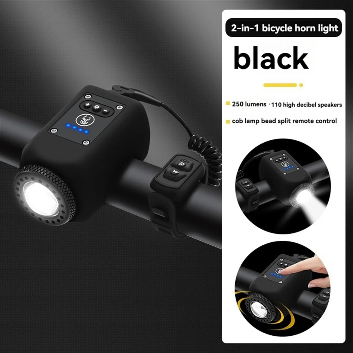 ABMO Juego de luces y bocina para bicicleta 2 en 1 para conducción nocturna, accesorios para linterna de ciclismo nocturno, 4 modos de luz, Ipx5 negro