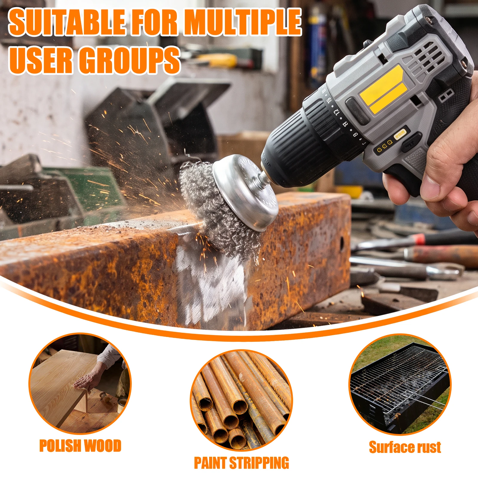 Wire Brush for Drill 9 Pcs with 1/4 Inch Quick Change Shank Stainless Steel Wire Wheel Brush 4500 RPM for Rust Removing Old