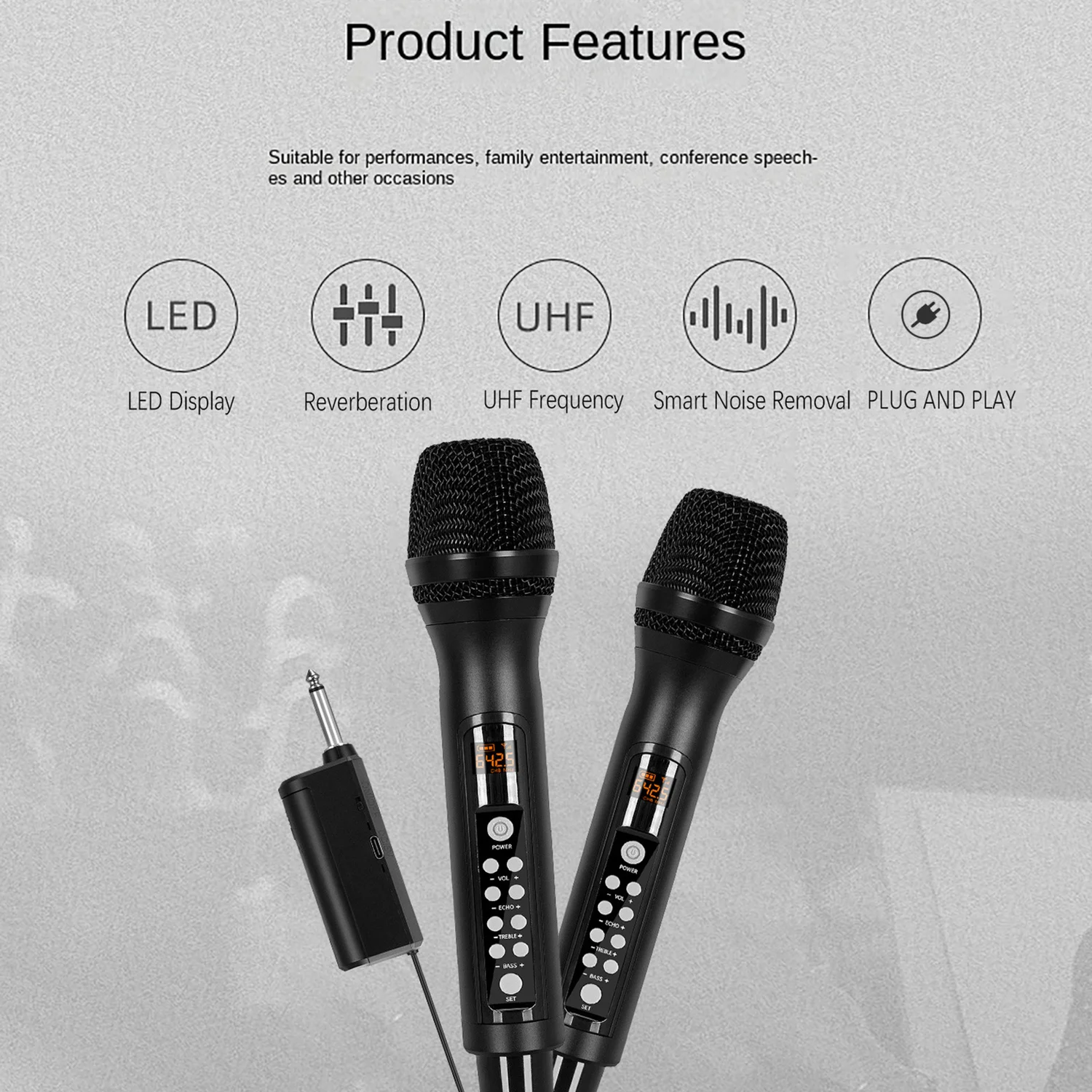 GAW-015 New Ultra-High Frequency Karaoke Wireless Microphone with FM Reverb, High and Low Pitch Adjustment, Universal Microphone